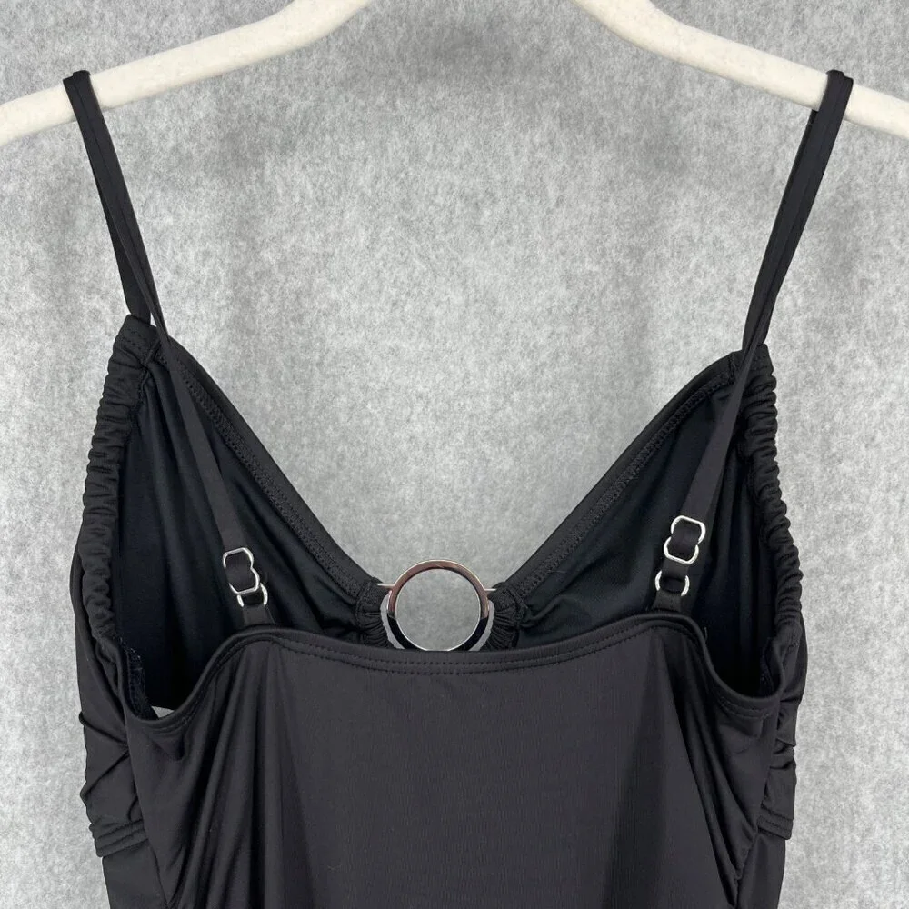 Michael Kors One Piece Swimsuit Size 10 Black Ruched Sides Adjustable Leg Logo